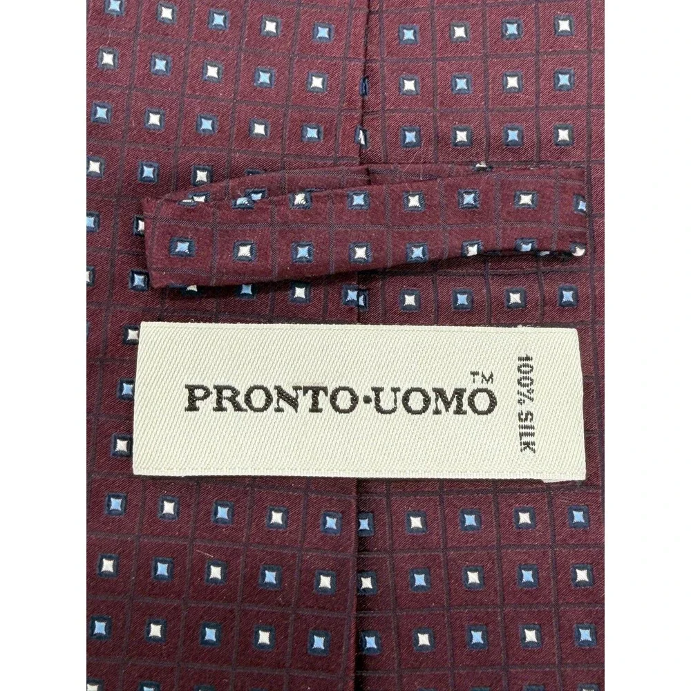 Pronto Uomo Silk Tie Mens Burgundy Maroon Geometric Diamond Squares Hand Made